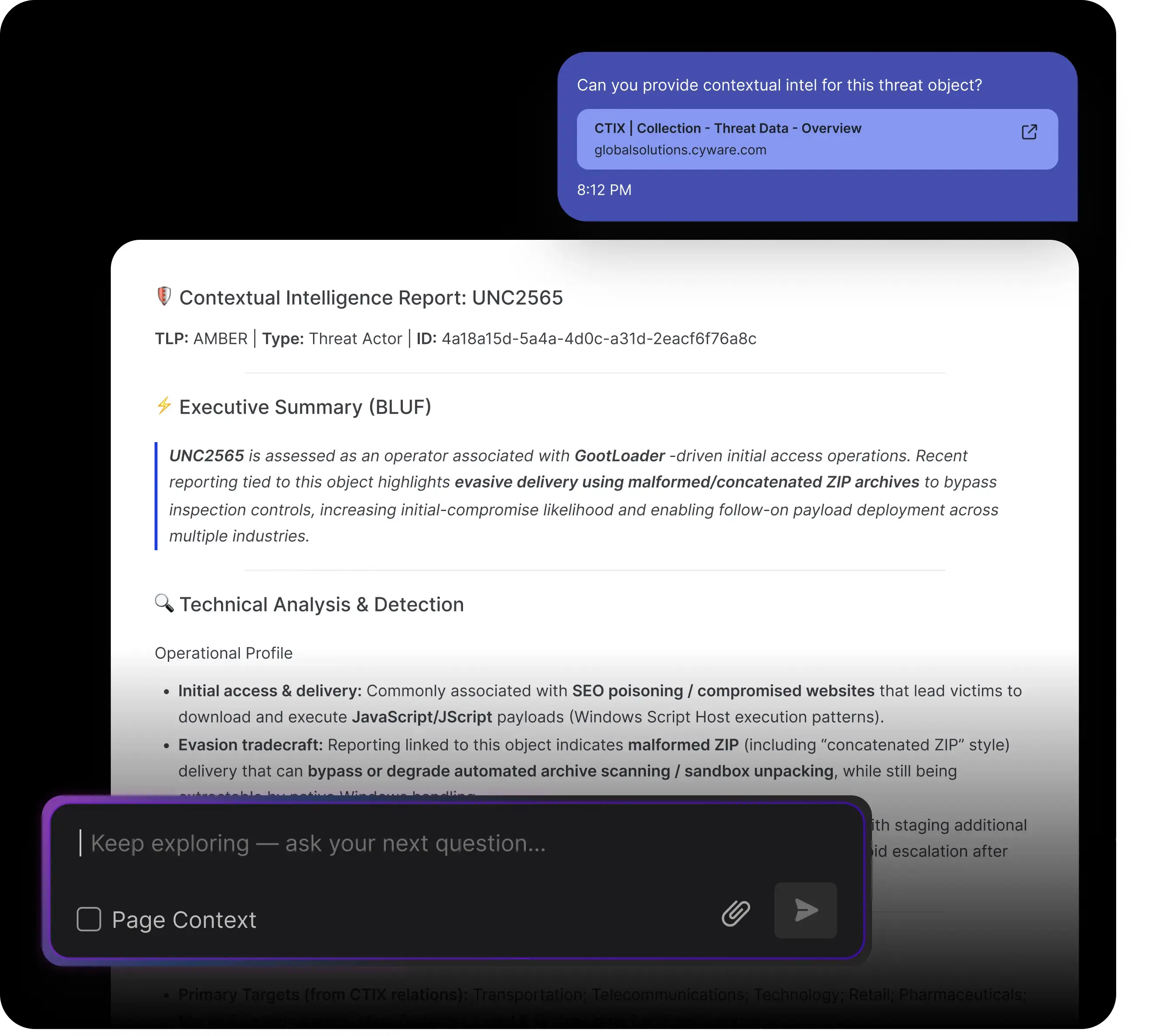 Image showing how Cyware AI enables intelligent threat data extraction and insights with the power of AI